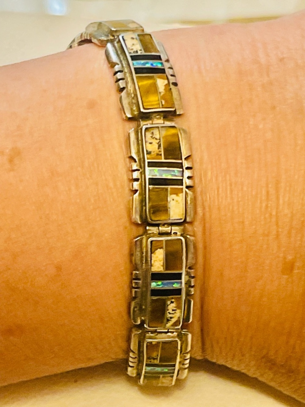 VTG NATIVE AMERICAN Navajo Sterling
Link Bracelet Opal Tiger 's Eye Jasper